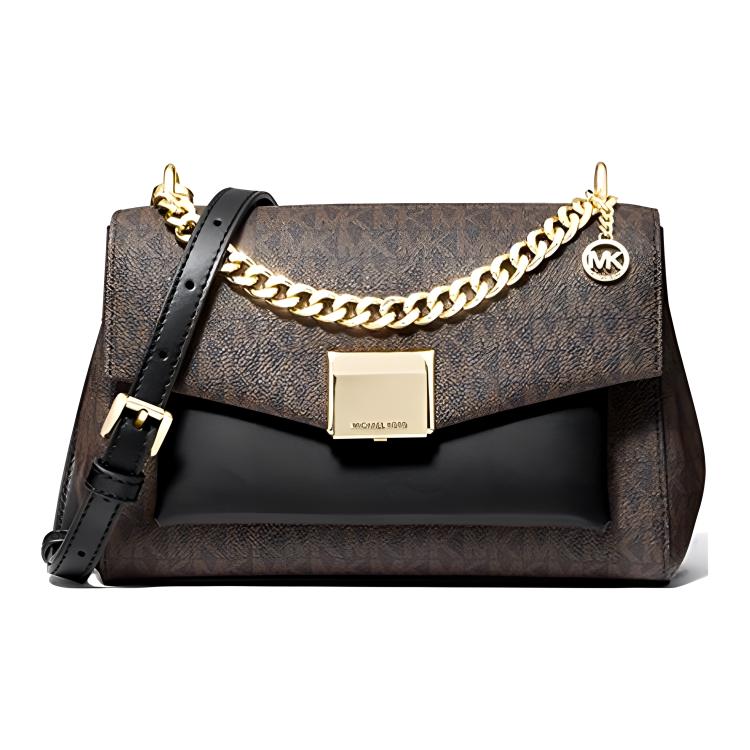 

Michael Kors MK Lita Chain Monogram Gold Buckle Double Flap Commuter Canvas Shoulder Crossbody Bag Medium Women bags Black Brown 35T0GXPL2B-BLACK Basic Set (Bag+Dust Bag)