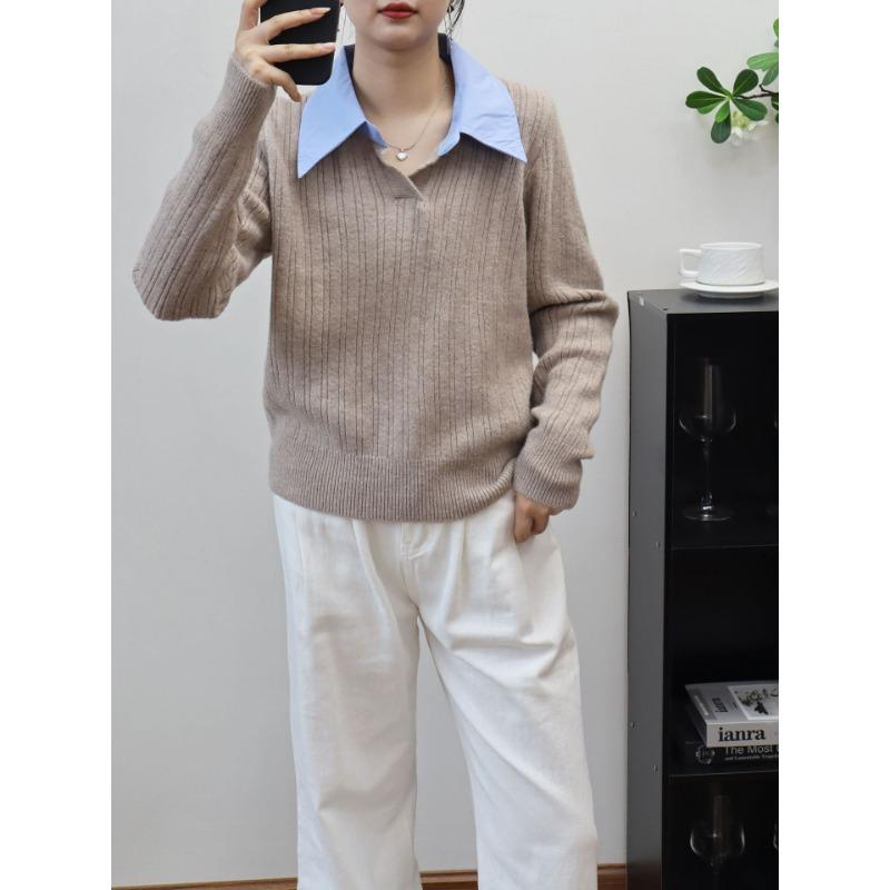 Polo collar splicing fake two-piece knitted sweater top autumn and winter new soft waxy and thin temperament sweater pullover women