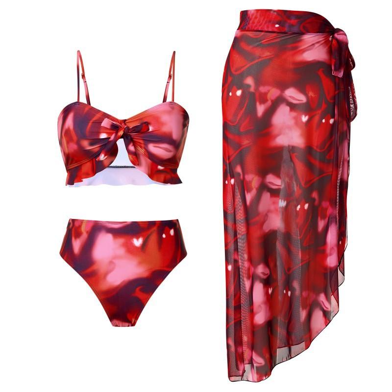Three-piece Split Print Sexy Women's Swimsuit High-waist Slim Bikini