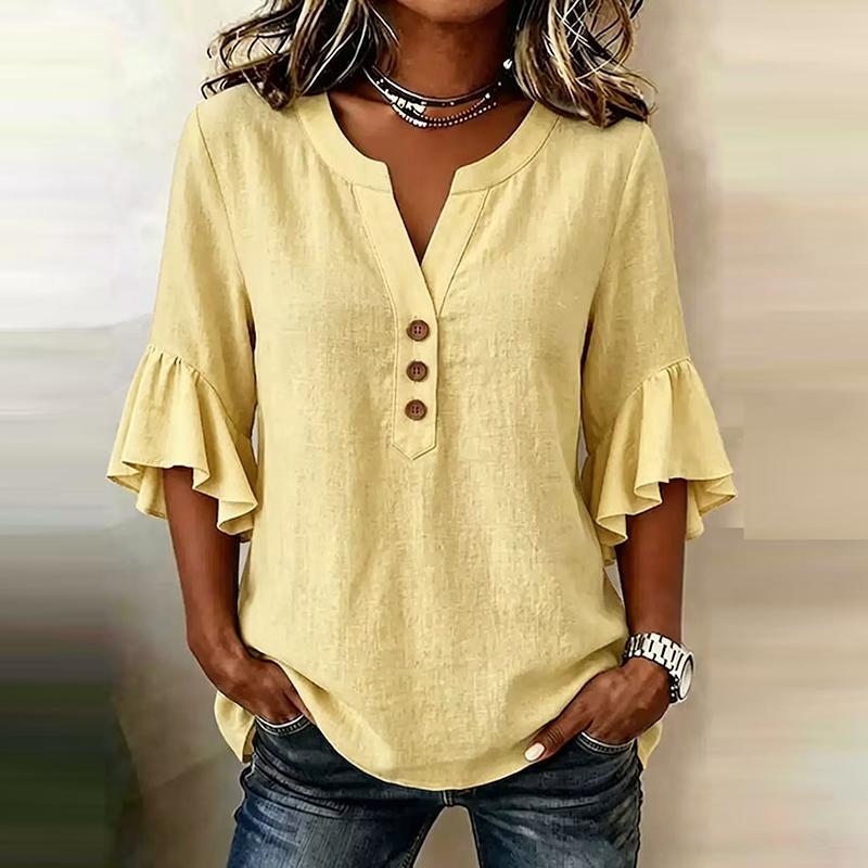 Summer V Neck Women T-Shirts 3/4 Sleeve Button Shirt Blouse Women Casual Solid Color Loose Tops Female Oversized Shirts