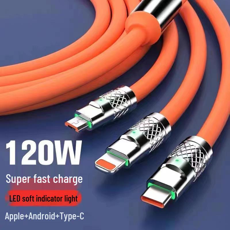 

120W Triple-Port Super Fast Charging Cable for Apple, Huawei, and Android Devices