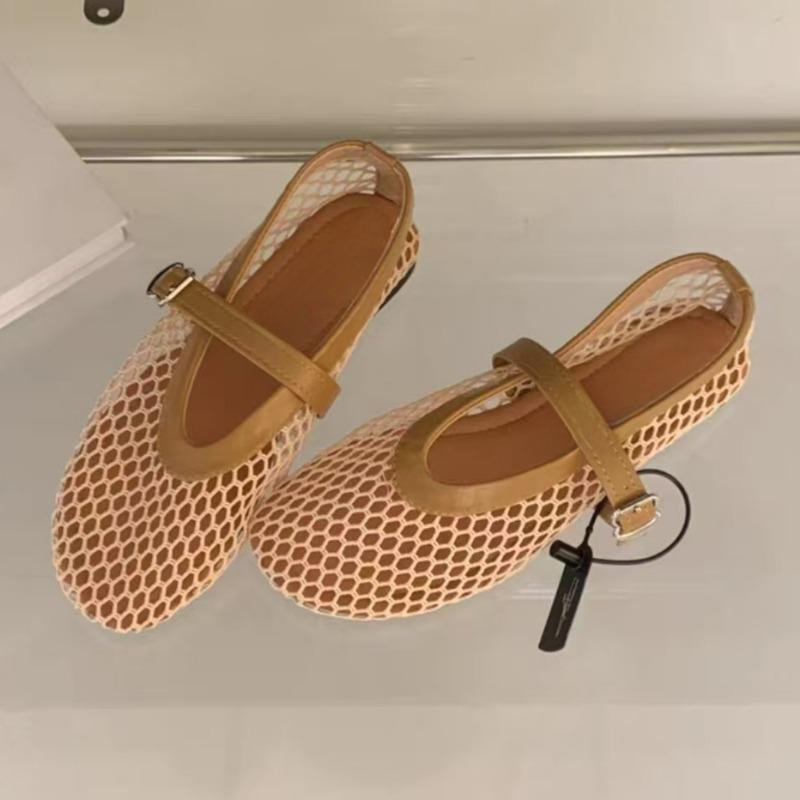 Shallow Mouth Net Cloth Single Shoes Summer New Round Head Metal Buckle Line with Soft Sole Non-slip Flat Shoes