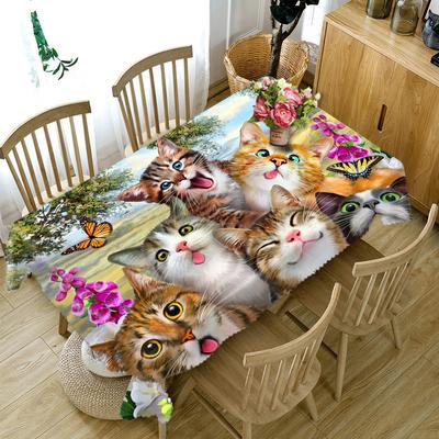 Small Cat Tablecloth Sika Deer Pattern Dustproof Washable Thicken Cotton Cloth for Rectangular Round Table