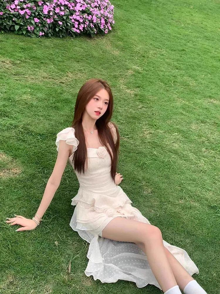 Pure desire style Spice girl irregular long dress women's summer new suspender design sense niche seaside vacation style dress