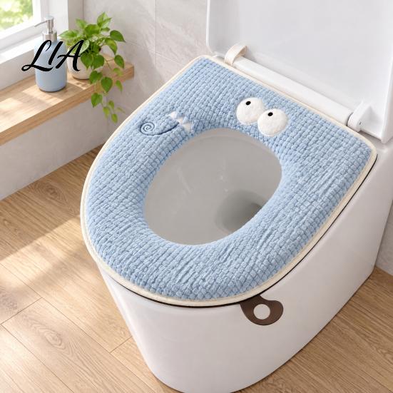 Winter Warm Toilet Seat Cover Zippered with Handle, Soft Jacquard Suede Hygienic Lifter Mat, Cartoon Pattern Washable Bathroom Pad for Most