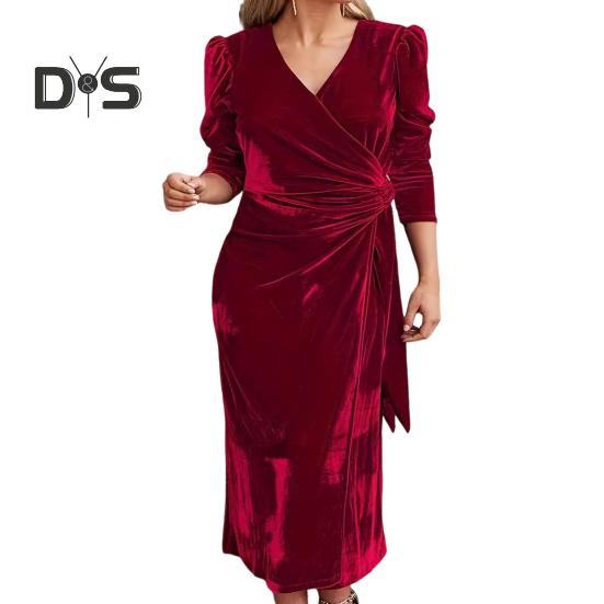 

Женское осенне-весеннее платье с V-образным вырезом, однотонное, со шнуровкой, обтягивающее, бархатное, длиной до середины икры, с длинными рукавами, плиссированное, для свиданий, поездок на работу, миди-платье 2XL