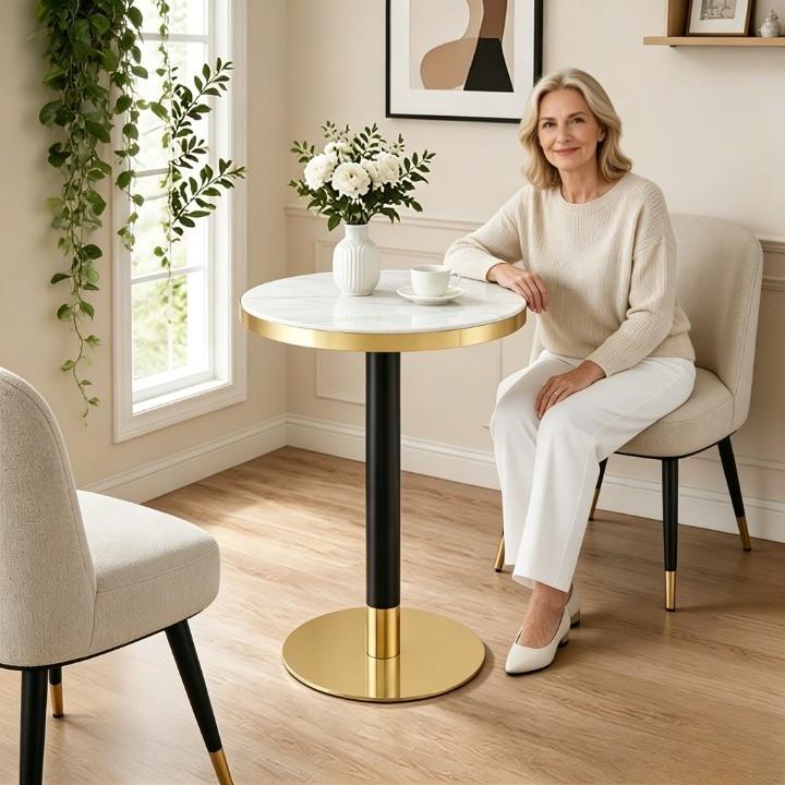 Modern Round Side Table, Marble-Look Tabletop with Golden Rim, Sturdy Metal Frame in Black/Gold, Ideal as Coffee Table, Nightstand or Balcony Table