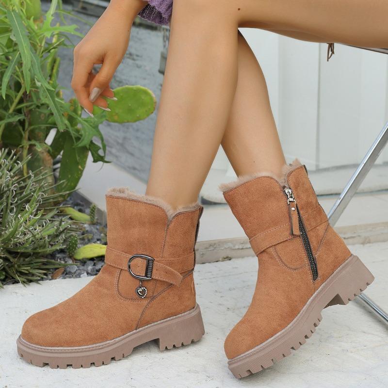 Cow Suede Plus Wool Warm Cotton Boots Winter New Round Toe Sleeve Metal Buckle Side Zipper Platform Shorthole Boots