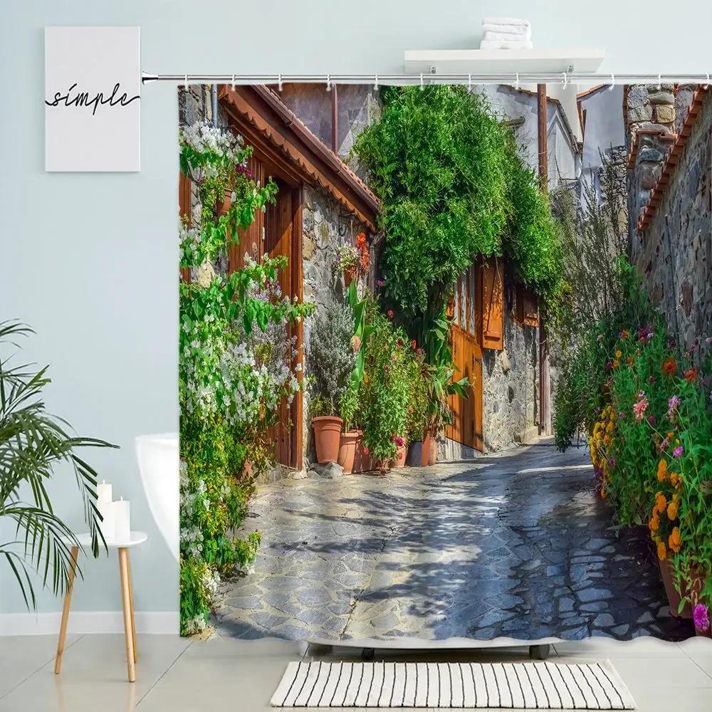 Greece Street View Shower Curtain Country Retro Town Spring Green Plants Flowers Vines Scenery Bathroom Decor With Hook Screen