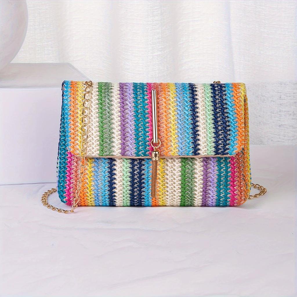 Women's Fashion Tassel Straw Crossbody Bag, Casual Striped Square Shoulder Bag, Classic Flap Purse for Daily Use