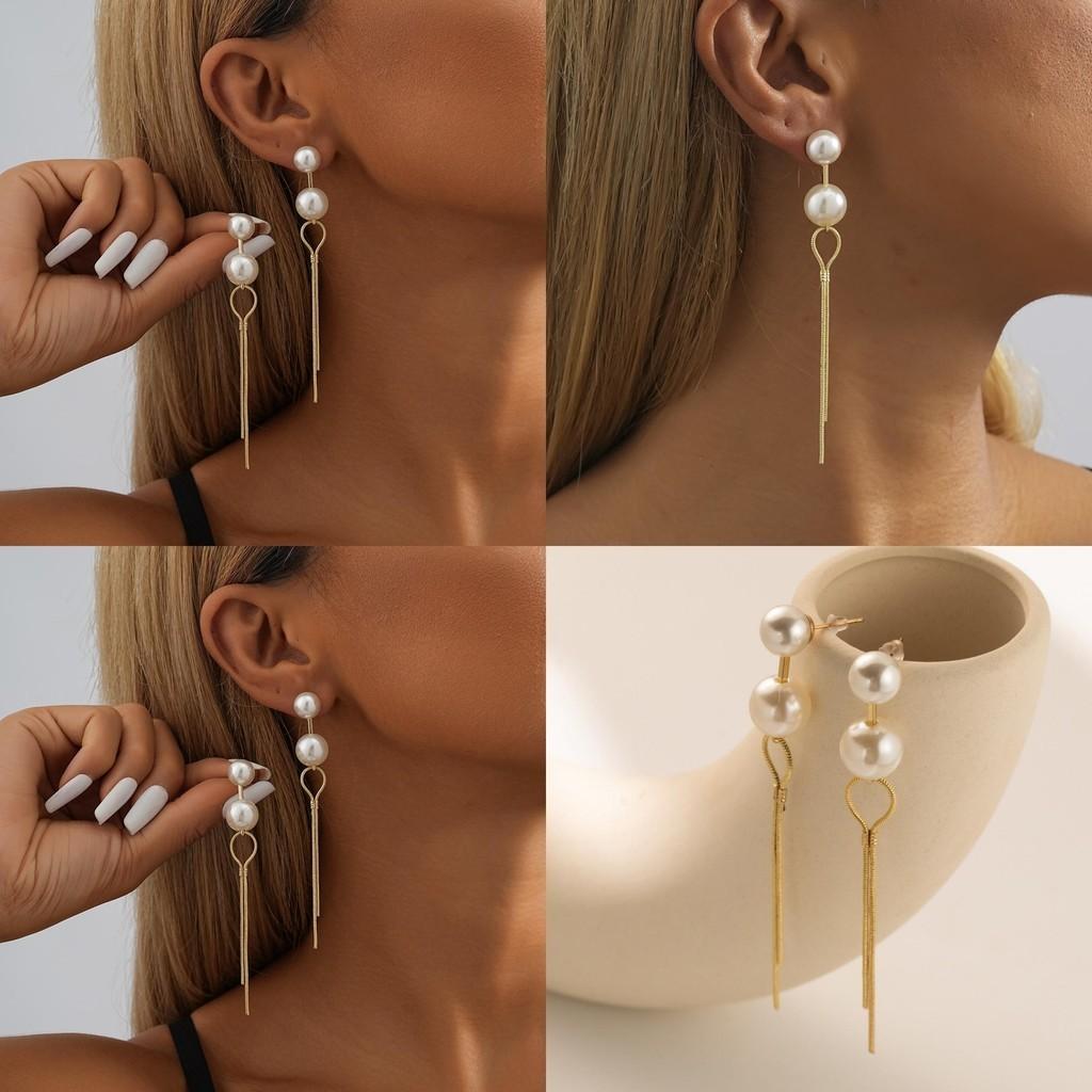 Stylish Pearl Long Earrings For Women Trendy Geometric Chain Dangles