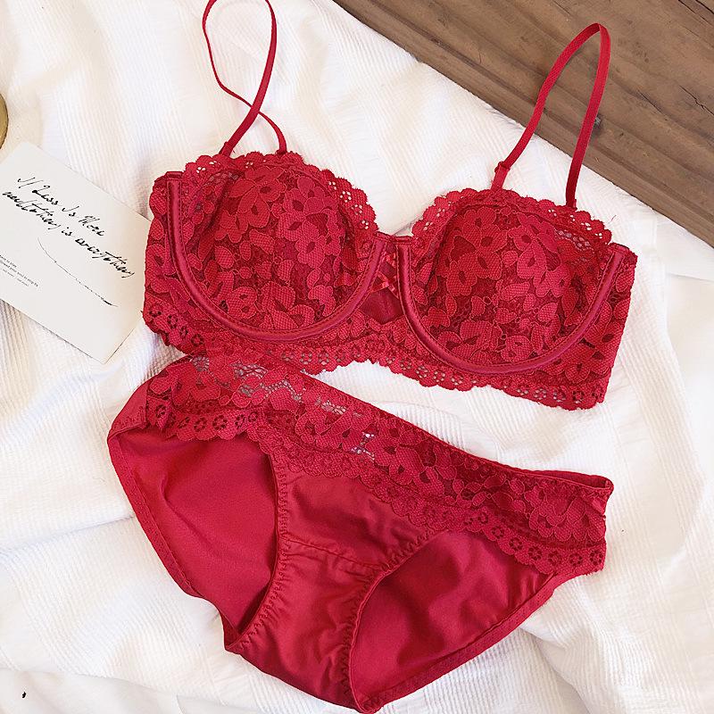 French Lace Embroidered Underwear Set: Soft Half-Cup Bra with Underwire & Cotton, Perfect for All Bust Sizes