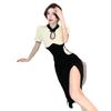 Chinese sexy contrasting color hollow dress summer dress new temperament high waist and thin split fork medium and long cheongsam