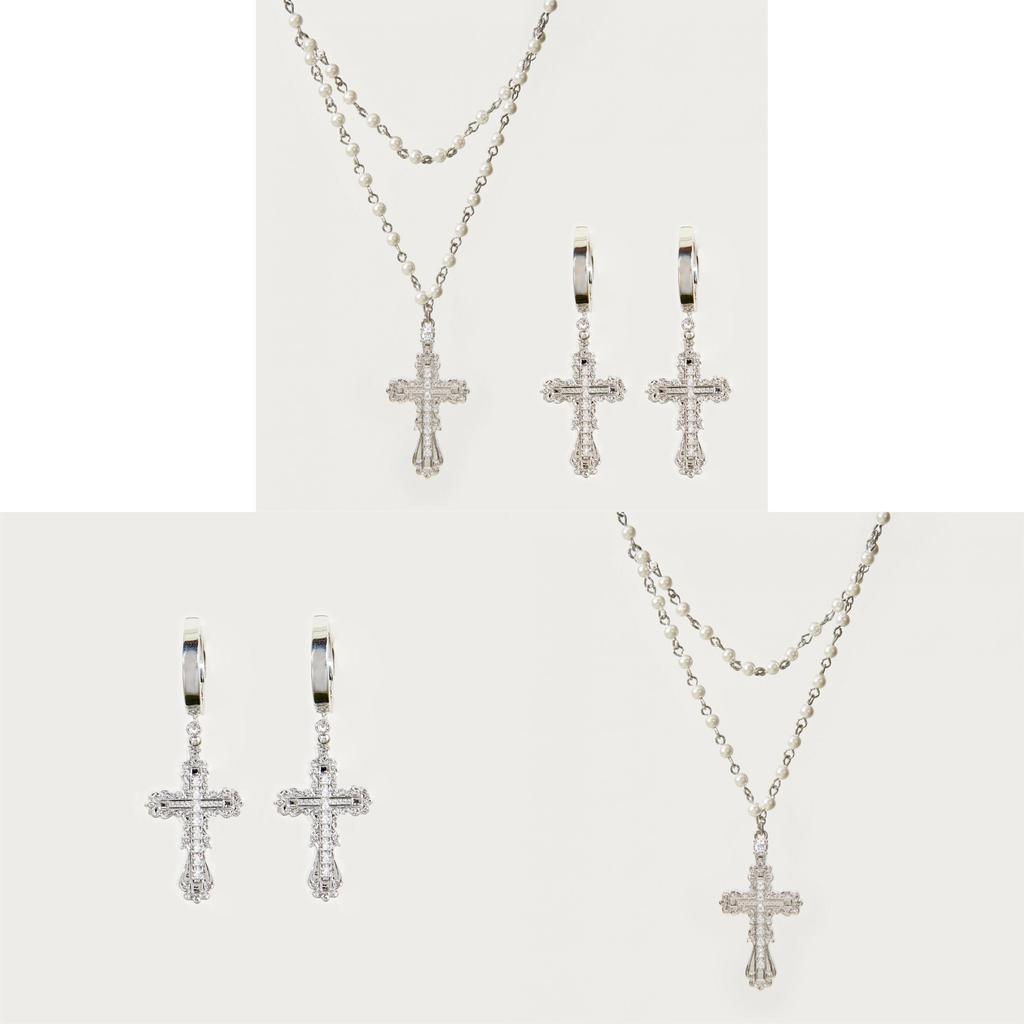 Cross Necklace Set For Women With Pearl Chain And Gemstone Pendant For Style Jewelry