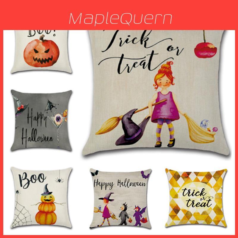 Spookily Charming Halloween Themed Cushion Cover Featuring Vibrant Witch And Pumpkin Design