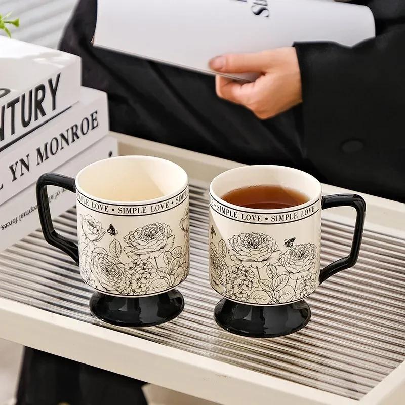 1pc 430mL Vintage Ceramic Mug with Spoon Rose Garden Coffee Tea Fruit Juice Milk Tall Cup Present Office Home Drinking Utensils
