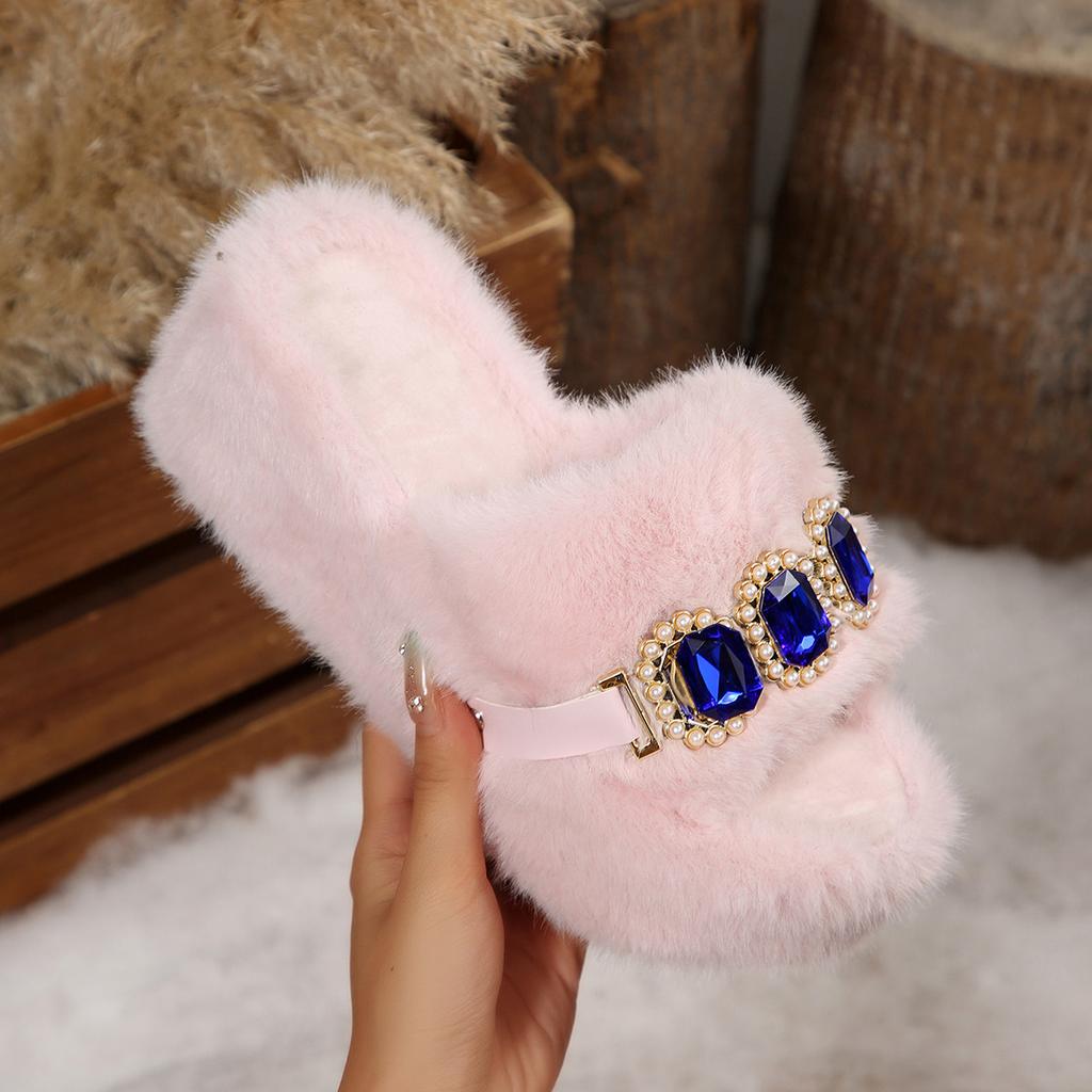 Winter Fashion Warm Short Plush Comfortable Slip On Rhinestone Platform House Slippers Casual Plus Size Shoes for Women 35-43