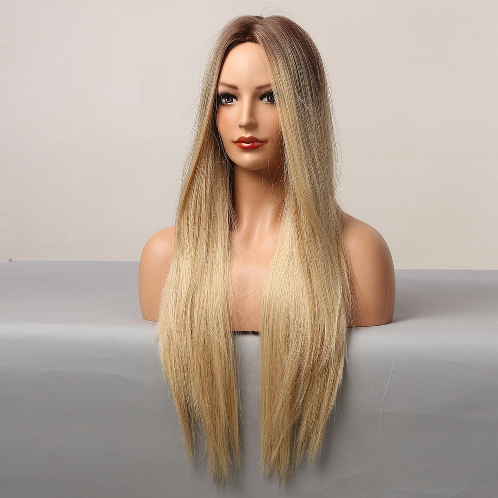 Long Silk Straight Ombre Brown Blonde Golden Synthetic Wigs for Women Heat Resistant Natural Middle Part Hair Wig