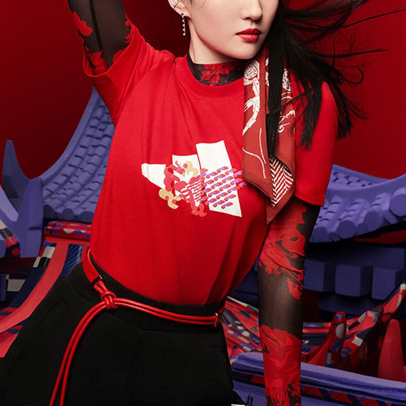 Adidas Cny Series Sports Theme Printed American Vintage Crew Neck Short Sleeve T-Shirt Women Tops Light-Crimson GP0706