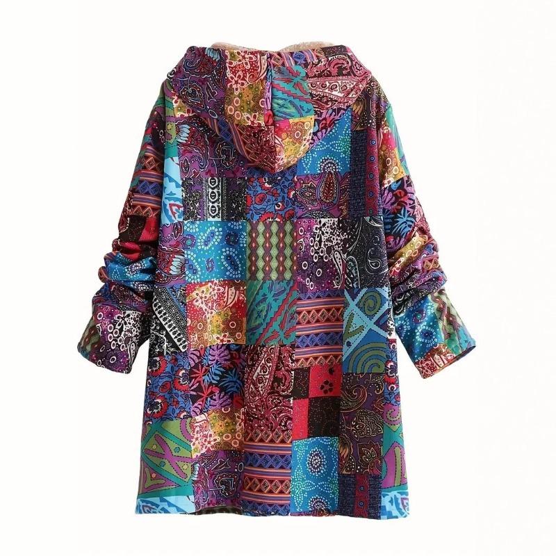 Autumn and winter printed retro loose hooded thermal top women's spring and autumn coat fleece slim fit