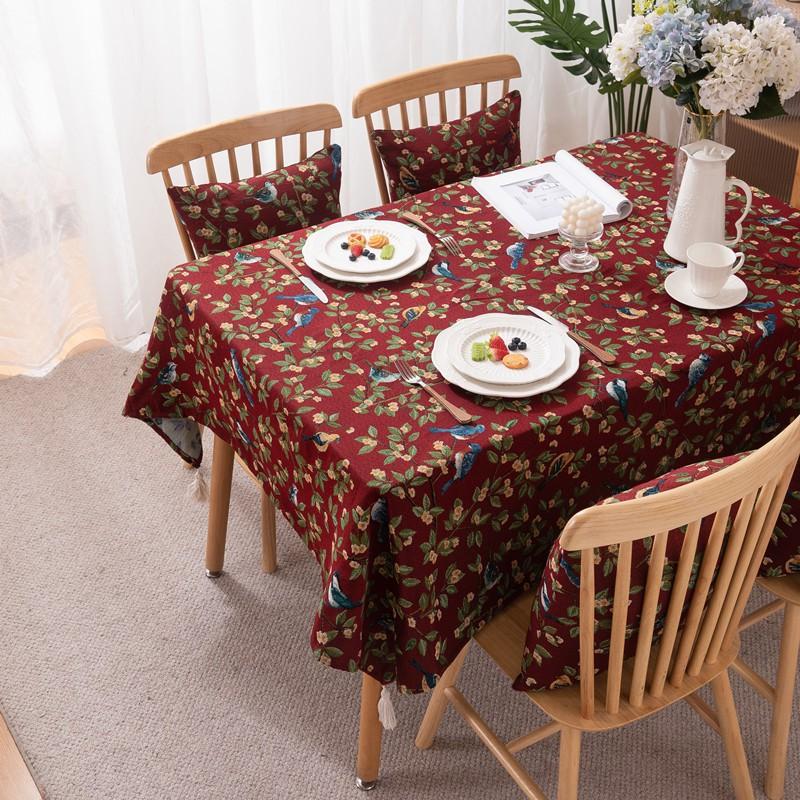 Vintage Woven Floral Bird Tablecloth Rectangle Tassel Table Cover Dining Coffee