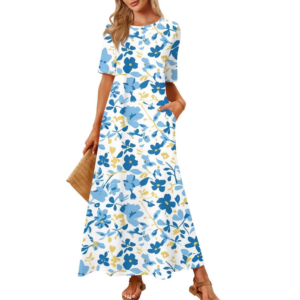 Dames Modieuze En Casual Lange Strandrok Ronde Hals Korte Mouwen Losse Retro Print Jurk