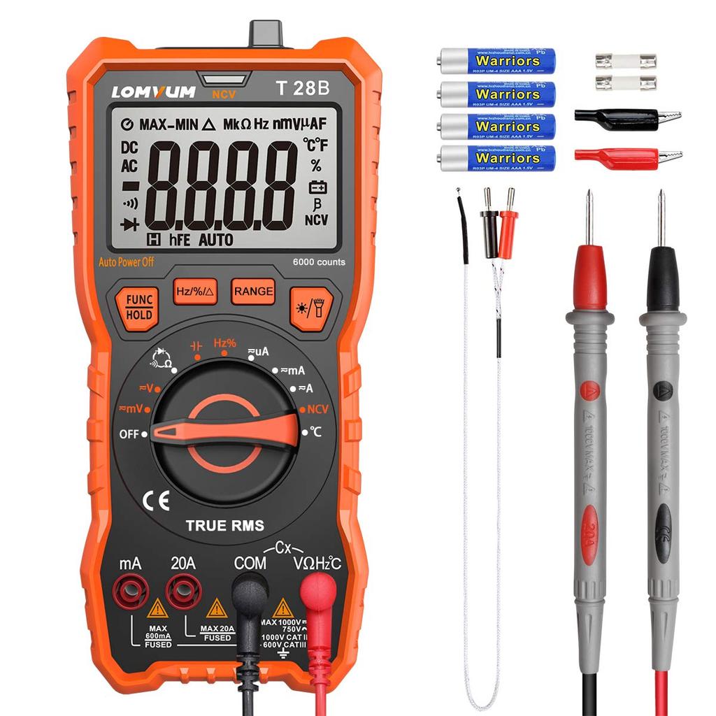 LOMVUM Digital 6000 Count Voltage Tester Meter with Backlight LCD and Flashlight Multimeter, Auto-Range Ohm, Volt, Ampere, Capacitance, Temperature,