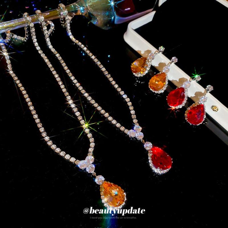 European and American zircon water drop earrings necklace niche court style jewelry set retro light luxury high-end jewelry wholesale