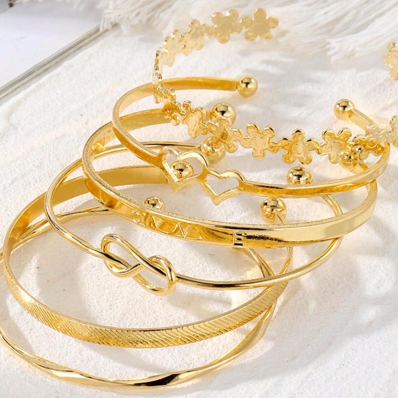 6pcs/Set Double Heart Love Letter Flower Open Bangle For Women, Daily Wear & Party Gift, Gold Color