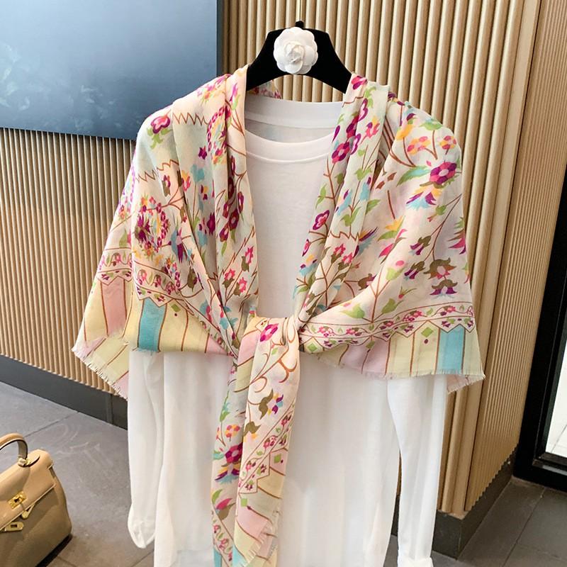 Floral Scarf Women Lightweight Cotton Linen Square Shawl Neck Wrap UV Protection