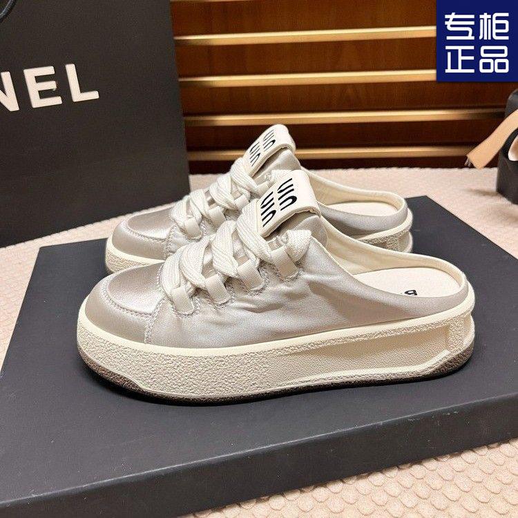 Half slippers women's outer wear summer new round head lace-up casual little white shoes comfortable versatile board shoes