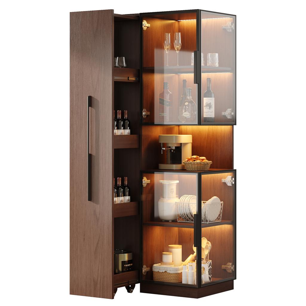 Display Cabinet 70×38×160 Cm with Pull-out Shelf – Double-glass Floor Display Case LED, MDF Cabinet Walnut, for Living Room, Dining Room, Kitchen