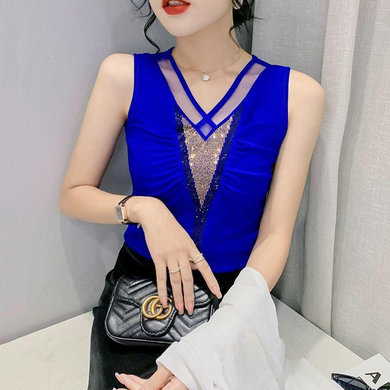 Temperament V-neck Tank Top Women's Fashionable Hot Diamond Mesh Sleeveless T-shirt Women's Western-style Base Top