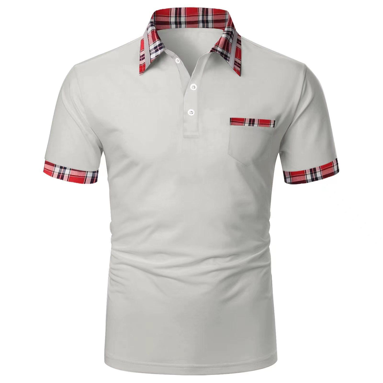 

Men s short-sleeved checked colour-blocked polo shirt with buttoned pocket, spread collar and relaxed fit S серый