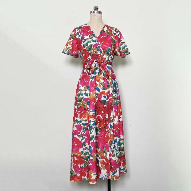 Women Summer High Waist A Line Dress Ethnic Printed Short Sleeve Lace Up