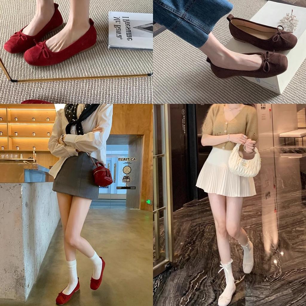 Sheepskin Version of Grape Mother, the Same Round Head Ballet Style Bow Flat Shoes, Soft Shallow Mouth Single Shoes Women's Leather Ladyshoes