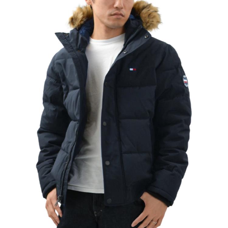 Tommy Hilfiger Tennis Outfit Logo Embroidery Hooded Fur Lined Warm Versatile Cotton Jacket Men jackets Navy-Blue 159AP863-NAVY