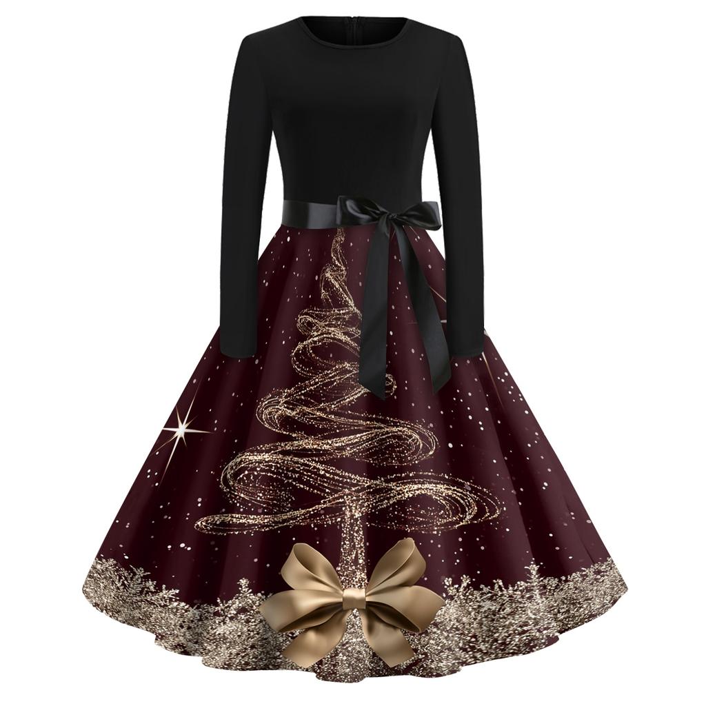 Women's Vintage V-Neck Christmas Print Casual Dress for Holiday Party