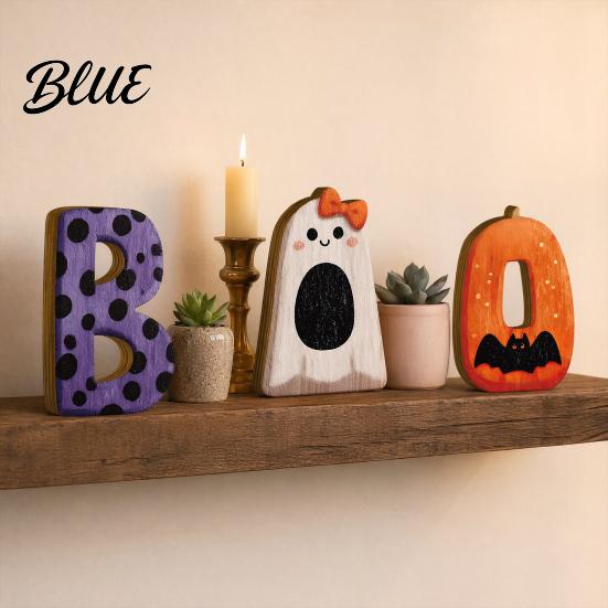 Small Halloween Figurine 3Pcs/Set Wooden Statues Letter Bat Pumpkin Ghost with Bowknot Deisgn Entrance Decoration Desktop Ornaments Holiday