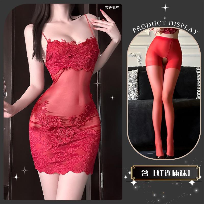 Sex underwear sexy temptation perspective mesh embroidery lace splicing suspender skirt women's nightdress