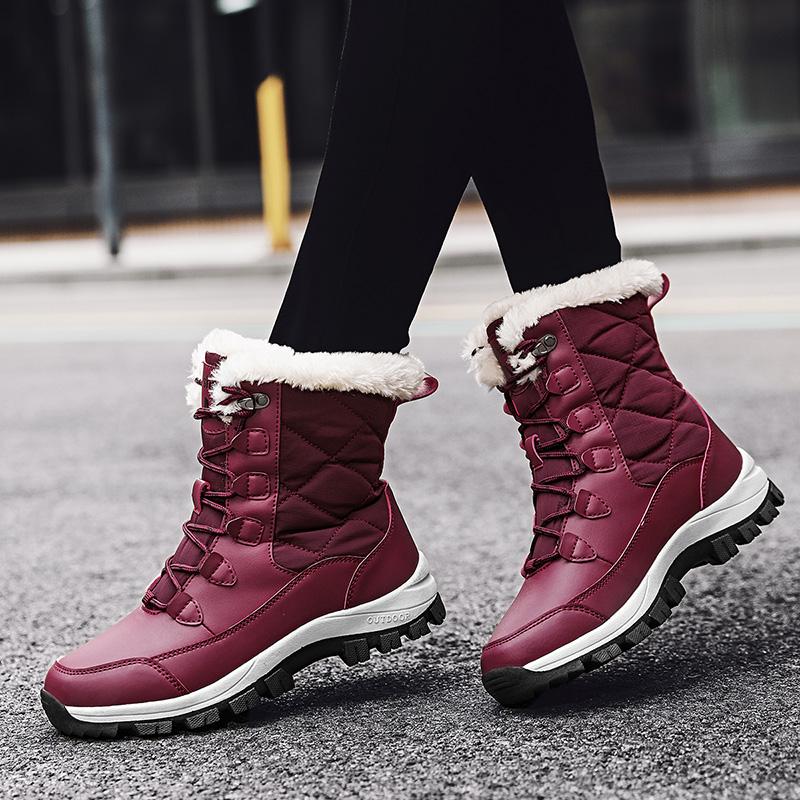 PU-Leder Wasserdichte Schneestiefel Damen Plüsch Baumwollschuhe Warm Winter Wandersneaker Rutschfeste Freizeitschuhe