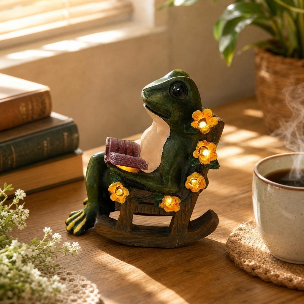 Zonne-aangedreven Kikkerbeeldje Schommelstoel Hars Tuinornament Decoratief Cadeau voor Binnen Buiten Rustieke Stijl Huisaccent