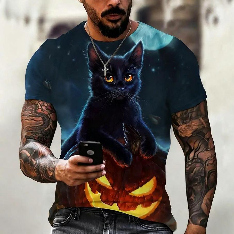 Summer Round Neck Animal Cat Pattern 3D Print Top Fashionable Casual Short Sleeved Men's T-shirts