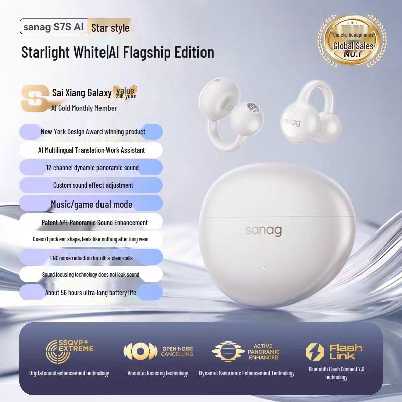 Sanag S7S Bluetooth Ear Clip Earphones with AI Translation and Air Conduction for 2025 Sports - Open, Not In-Ear Design