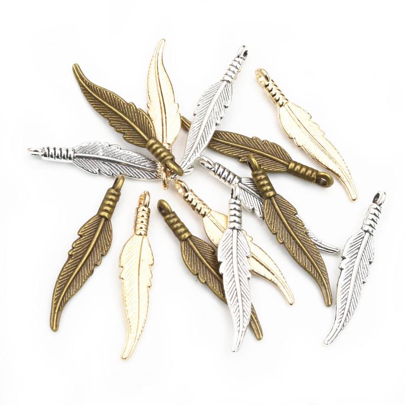 30pcs 31x6.5mm Feather Charms Pendants Bronze Antique Silver Plated  Handmade Charms