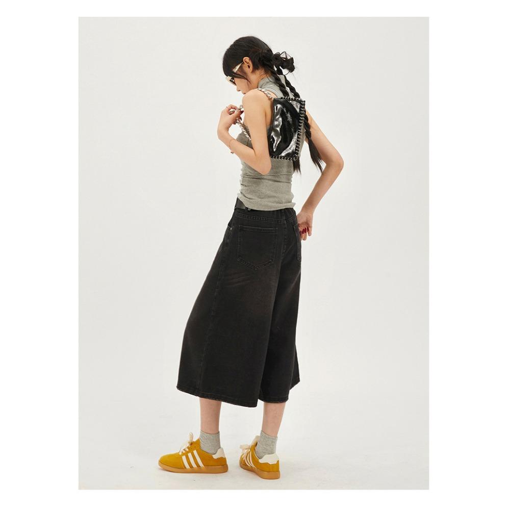 Retro džíny se širokými nohavicemi pro ženy unisex s vysokým pasem volného střihu zeštíhlující všestranné sedmikvartální nad koleno středně dlouhé kalhoty