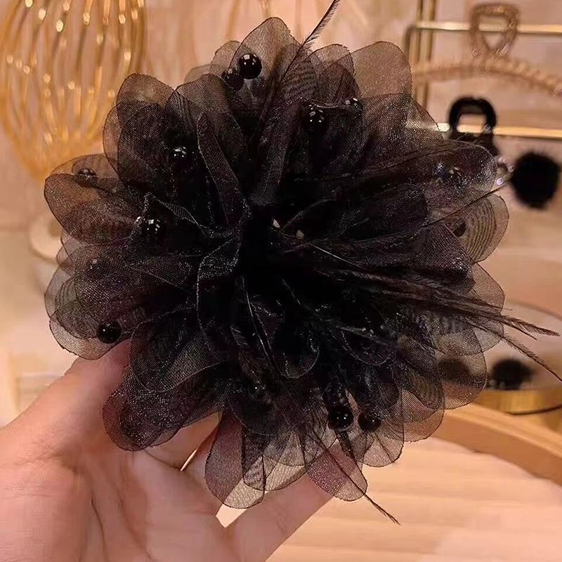 Korean Women Mesh Flower Hair Accessories Organza Pearls Black Feather Grip Shark Hair Clip Headwear
