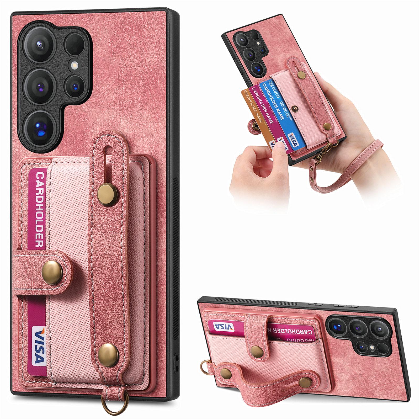 

For Samsung Galaxy S25 Ultra Retro PU Leather Back Cover with Card Holder and Wristband Kickstand Pink