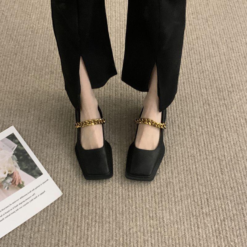 Metal Chain Square Head Retro Loafers Single Women's 2025 New British Versatile Mary Jane Small Leather Shoes Women