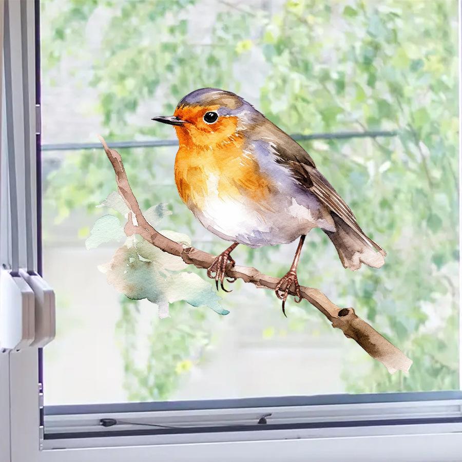 Watercolor Sparrow on Branch Window Stickers, Self-Adhesive Static Cling Decals for Bedroom Dorm Classroom Study Room Decoration